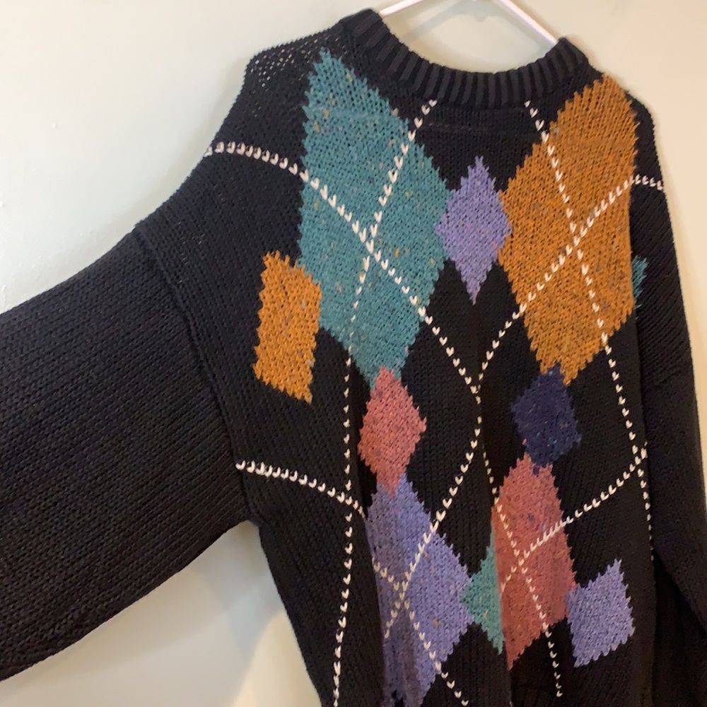 SOLD - Vintage Etchings Black & Colored Argyle Pattern Chunky Knit Sweater - Picture 3 of 6